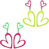 2 Pairs Neon Earrings for Women, 80s 90s Retro Drop Dangle Earrings Acrylic Heart Jewelry Accessories for Halloween Costume Glow Party (Hot Pink, Yellow, Green)