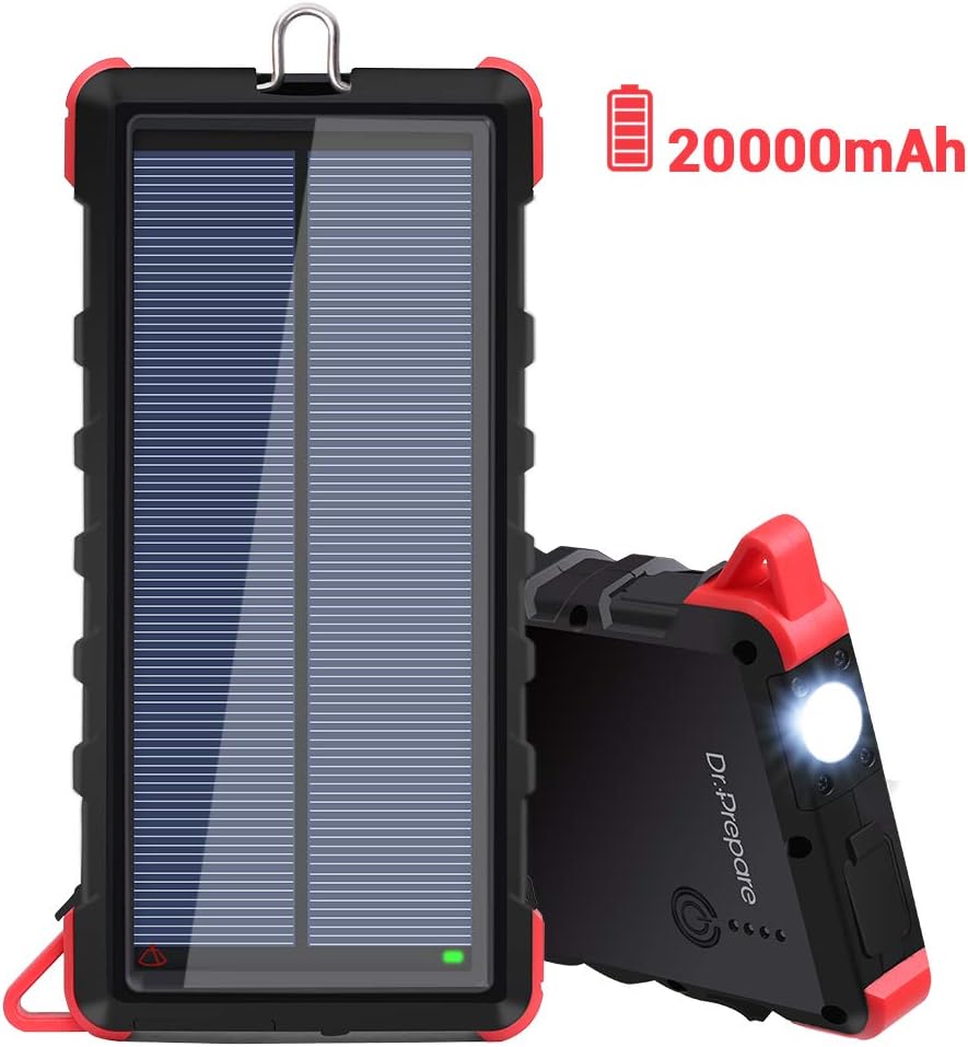 Dr. Prepare Solar Phone Charger Power Bank 20000mAh, IP66 Water