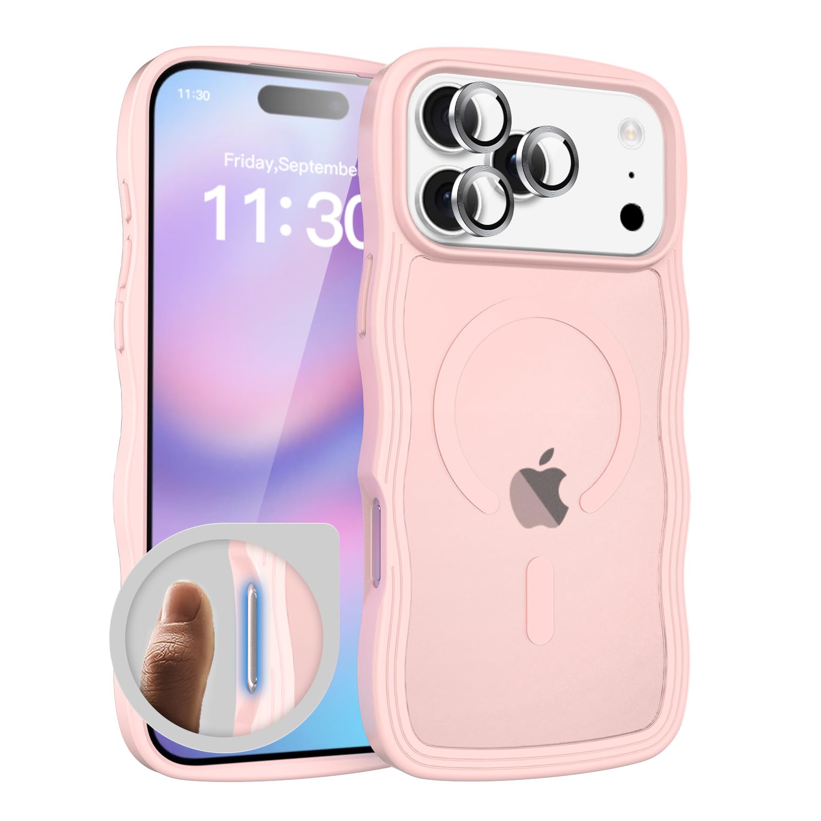 LXWoSoKu for iPhone 17 Pro Max Case for Women & Men with Lens Protectors,[Strong Magnetic Charging] Cute Wave Translucent Matte Phone Case,Peach Pink