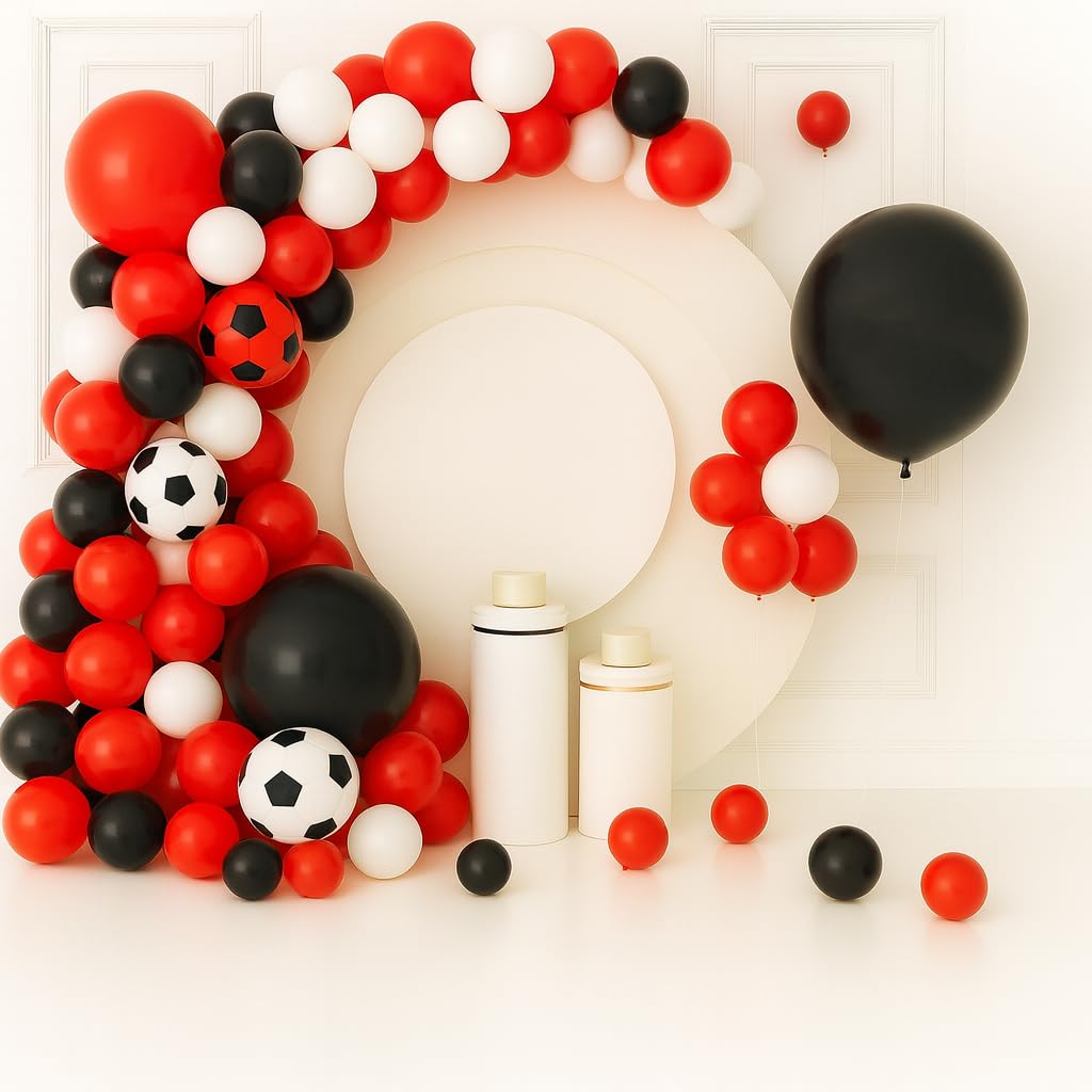 Red Black And White 45 Pcs Football Party Balloon Arch Kit Latex Helium Balloons with Football Print Goal Themed Garland Decoration for Boys Birthdays Game Day World Cup & Sporting Events