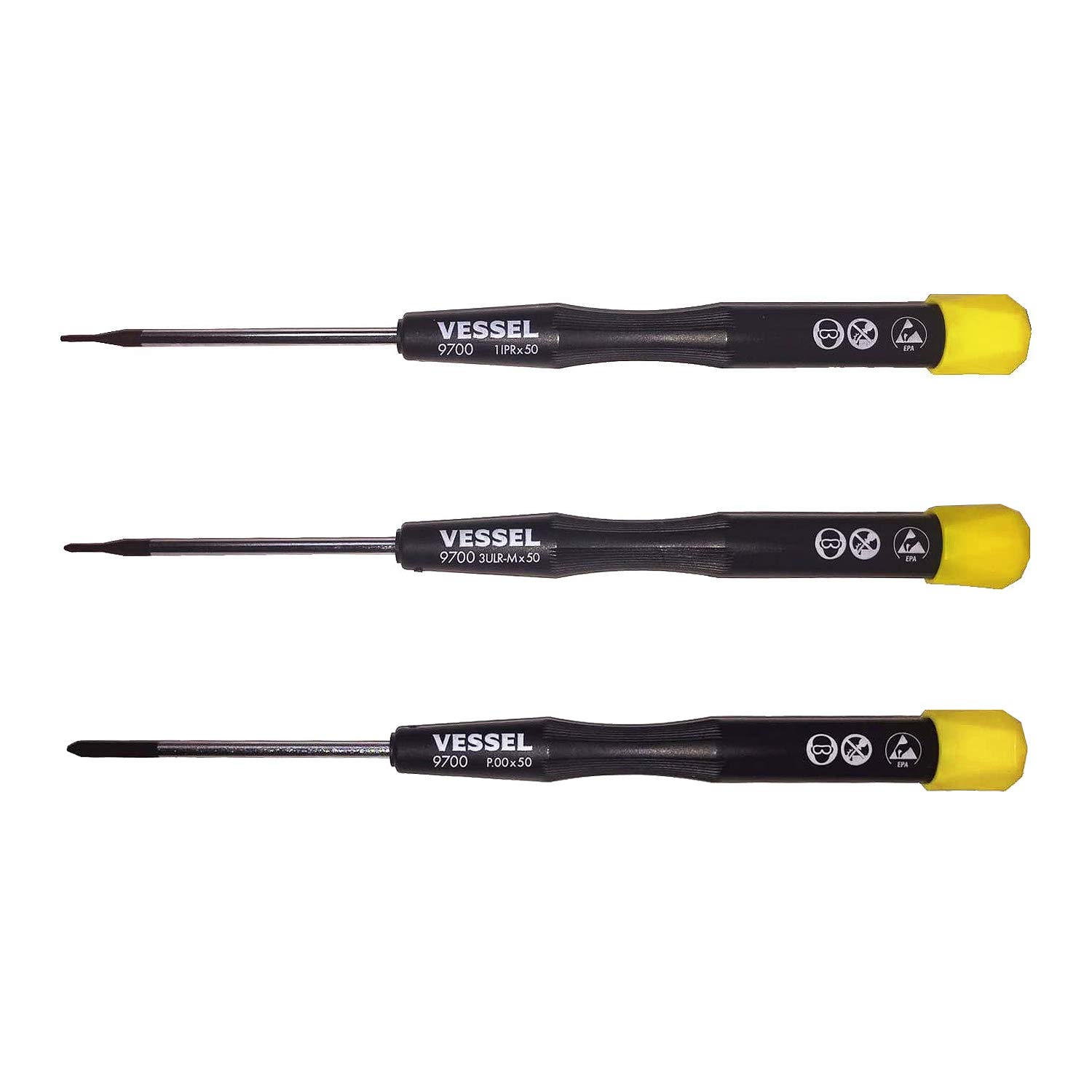VESSEL ESD Precision Screwdriver (Antistatic) Cruciform/Microstix(3ULR)/Pentalobe(IPR), Set of 3 pcs