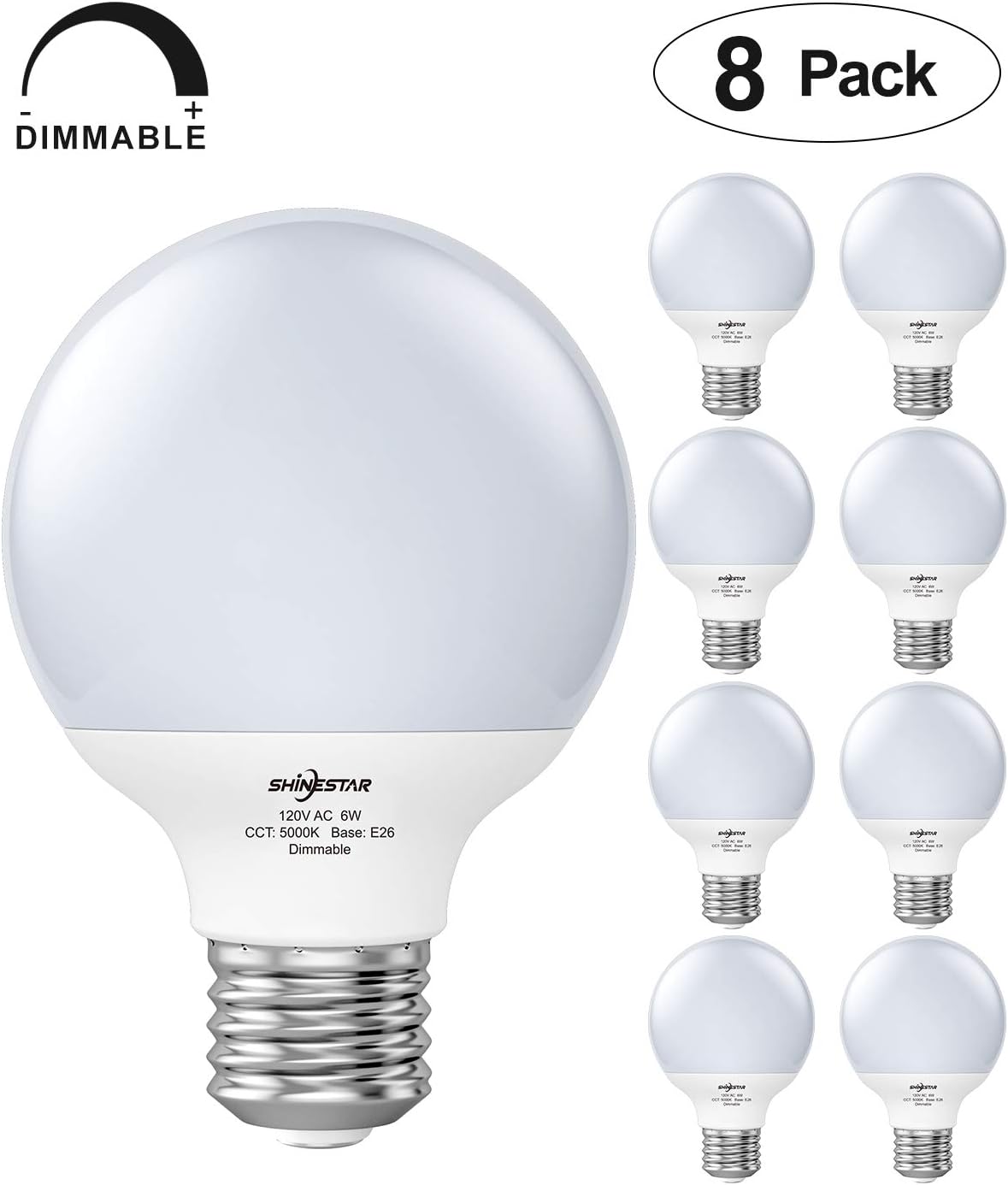 8-Pack Dimmable G25 LED Vanity Light Bulbs 60 watt Equivalent, Daylight 5000K, E26 LED Globe Light Bulbs for Bathroom, Vanity Makeup Mirror