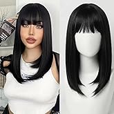 XCHJH Black Short Bob Wig for Women,16 Inch Straight Black Bob Wig with Bangs Heat Resistant Synthetic Wigs Shoulder Length Natural Looking for Daily Use(Black)