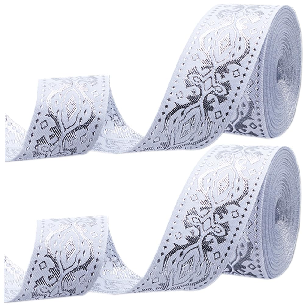 GORGECRAFT 14m x 3.3cm Grosgrain Jacquard Ribbon Metallic Sliver Ethnic Embroidered Woven Satin Roll Boho Fabric Floral Sewing Webbing Wrapping Strap Trim for DIY Crafts Home Curtain Decor