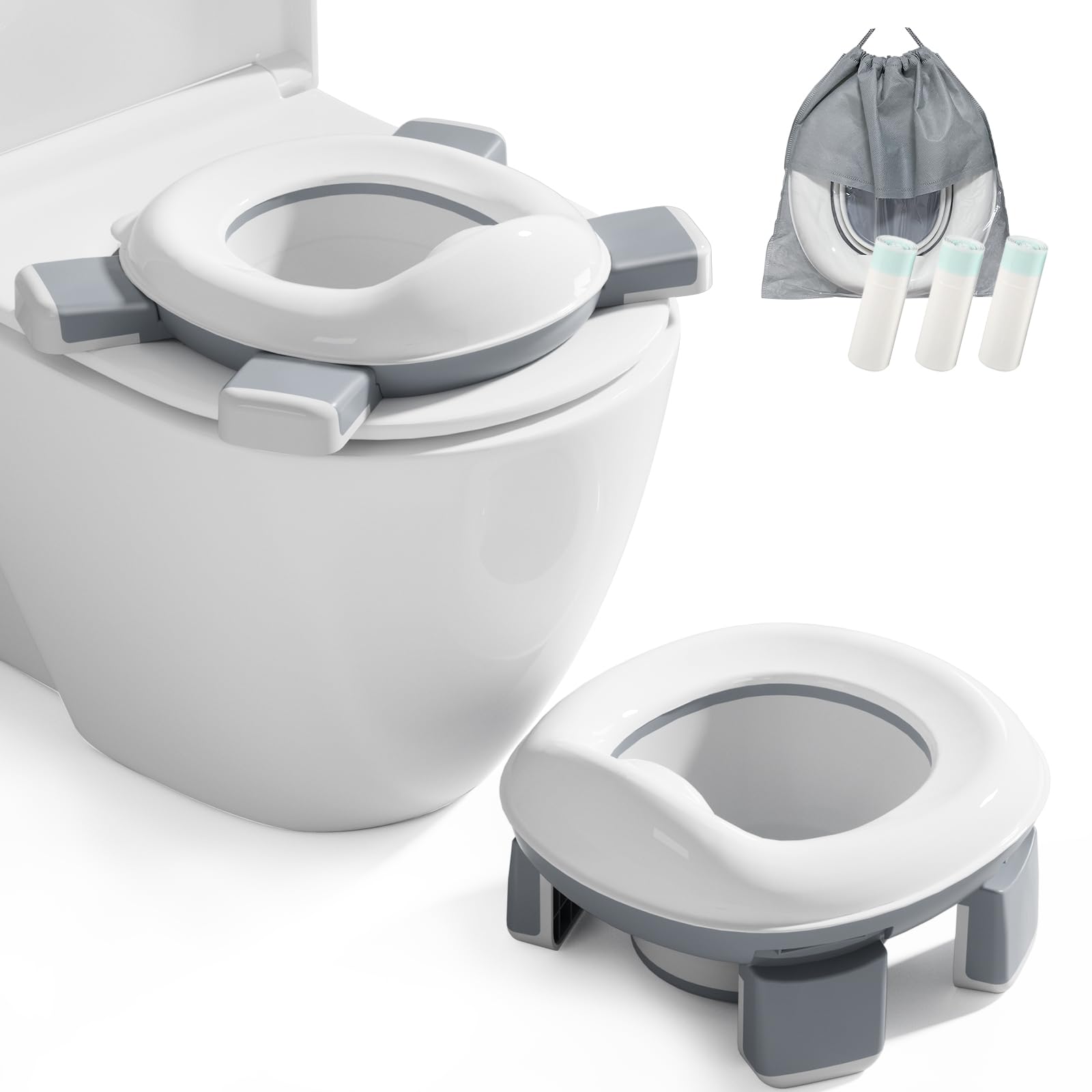 DEANIC 2-in-1 Travel Potty for Toddlers, Potty Training Toilet Seat for 1-4 Years Boys Girls, Portable Potties with 60pcs Potty Liners Outdoor Use, Foldable Travel Toilet Kids Camping Park (Grey)