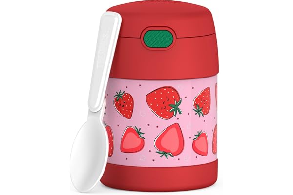 THERMOS FUNTAINER Insulated Food Jar, 10 Ounce, Kid Friendly Food Jar with Foldable Spoon, Strawberry Smiles