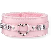 ADEMISHIA Pink Furry Heart O-ring Leather Choker Collar For Women, Handmade Punk Gothic Letter Necklace Adjustable Fashion Jewelry