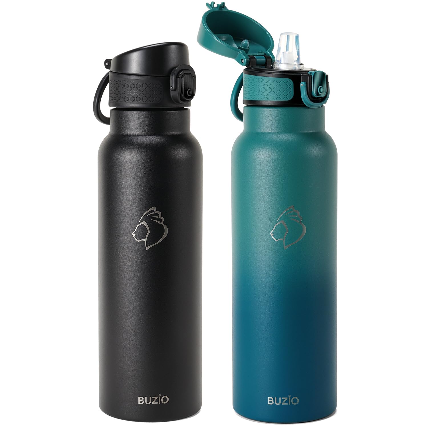 Photo 1 of 2PCS BUZIO 24oz Stainless Steel Water Bottle with Straw Lid, Vacuum Insulated Thermo Flask for Drinking Teens Double Wall Leakproof Travel Tumbler Mug for School, Cold for 48 Hrs (Black+Blue)