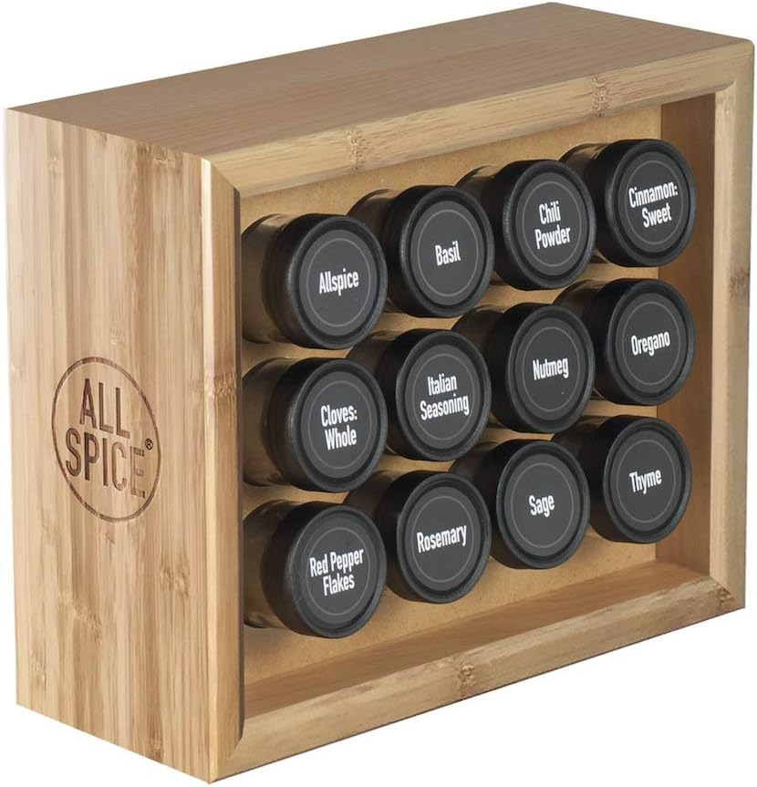 AllSpice Wood Spice Rack, Includes 12 4oz Jars- Bamboo