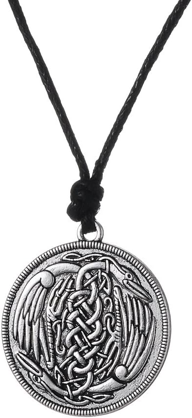 Antique Silver Herons Bird Round Pendant, Viking Spiritual Vintage Necklace for Men