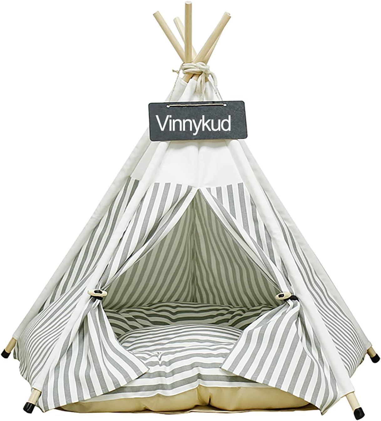 Vinnykud Pets Teepee Dogs Tent Stripes Removable and Washable Cats Tents Dog/Cat Bed Play House With Cushion (Gray, S:40x40x50cm)