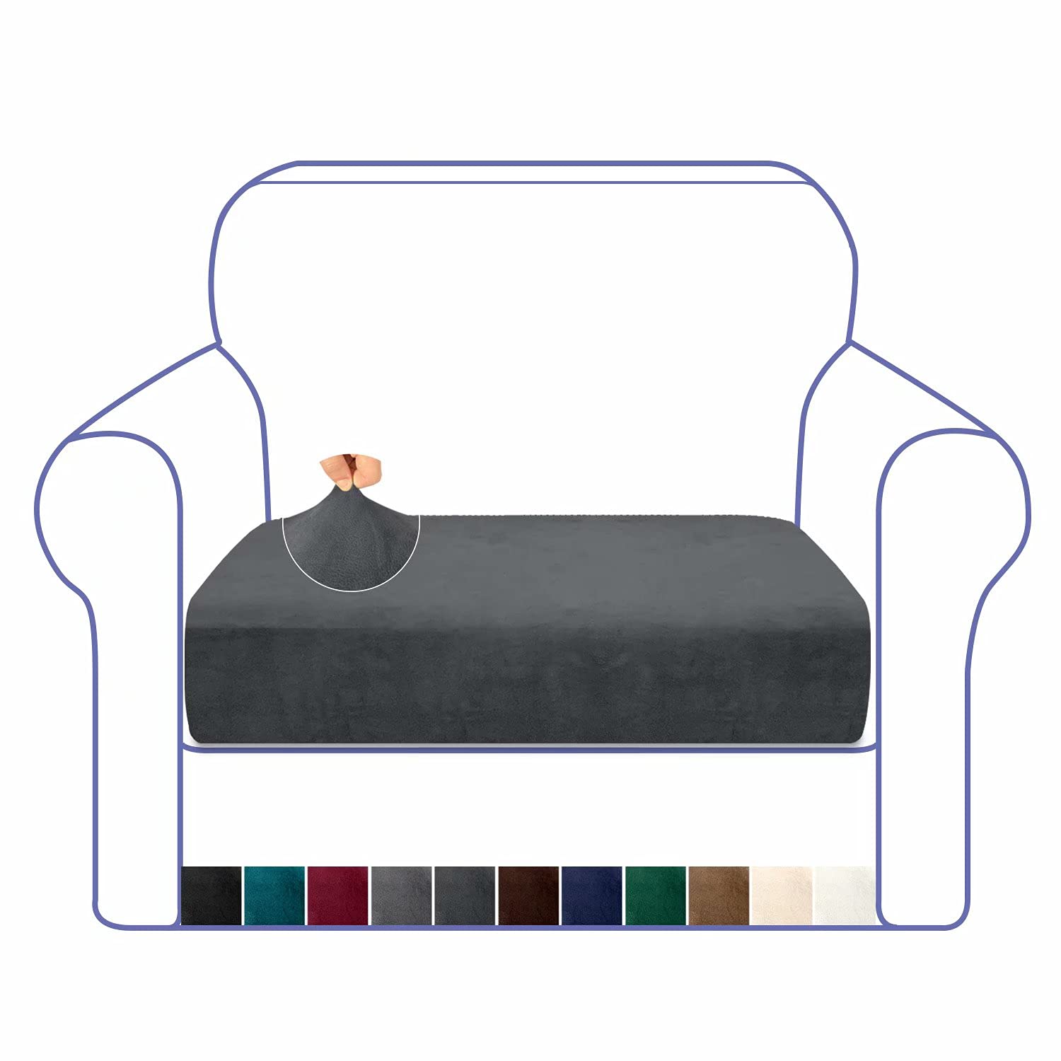 Granbest Luxurious Velvet High Stretch Sofa Cushion Cover Plush Super Soft Sofa Cushion Cover Replacement Fitted Washable Sofa Cushion Covers Furniture Protector Seat Cushion Cover (1 Seater, Gray)