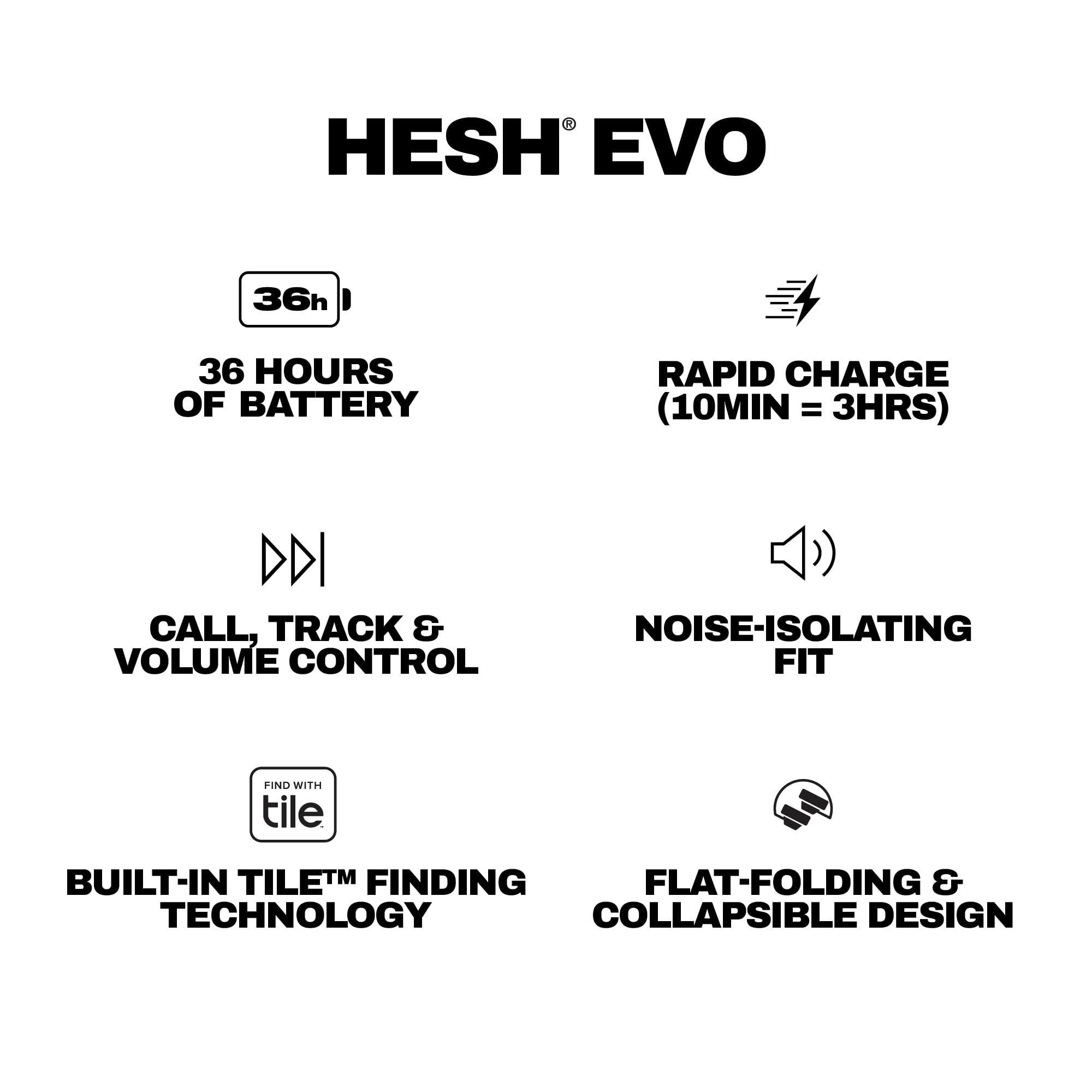 Skullcandy Hesh Evo Wireless Over-Ear Bluetooth Headphones with Extra USB-C Charging Cable, Noise Isolating, 36 Hours Battery, Foldable Lightweight Design, Microphone for iPhone Android - True Black