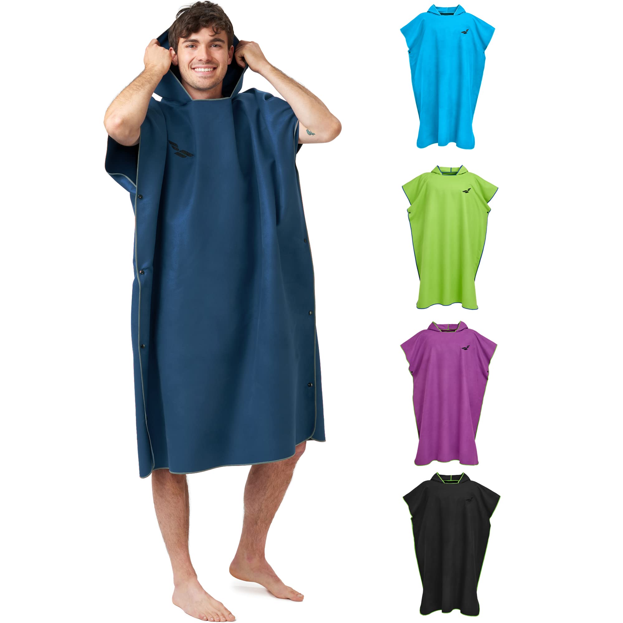 Fit-Flip Poncho Towel - Microfibre Changing Robe Adult - Swim and Surf Beach Robes - Quick Dry Hooded Swimming Towel for Men and Women - size M, Deepblue-gray
