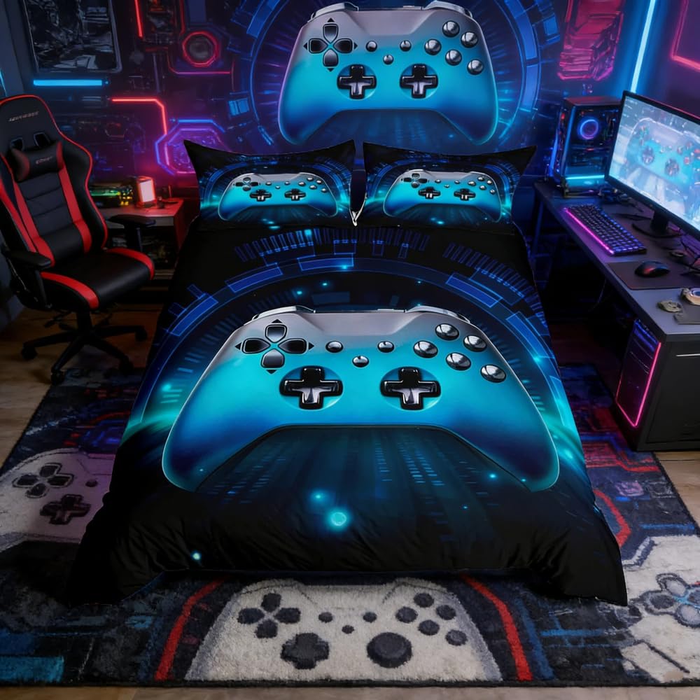 Loussiesd Galaxy Gamepad Duvet Cover Set 3D Video Game Gamepad Bedding Set Kids Boys Blue Gradient Game Controller Comforter Cover Gamer Quilt Cover Bedroom Collection 3Pcs Double Size