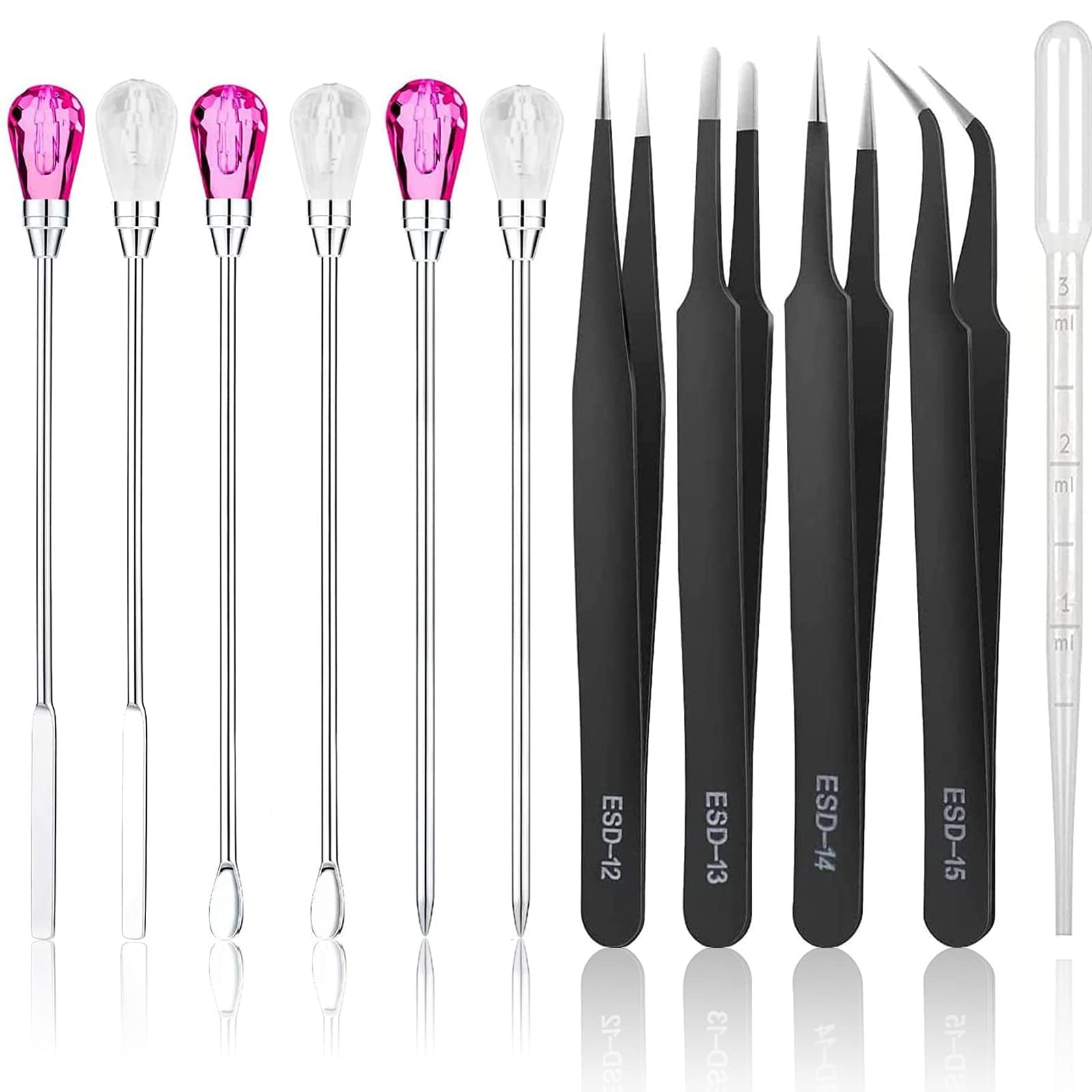 11 Pcs Silicone Resin Mold Tool Set Stirring Needle Spoon Tool Jewelry Making Kit, Anti-Static Stainless Precision Steel ESD Tweezers Set for Jewelry Making DIY Resin Craft Casting Molds(Red+White)