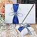 OurWarm Wedding Guest Book + Pen Set + Flower Basket + Ring Pillow + Garter, White Cover, Double Heart Rhinestone Decor Royal Blue/Deep Blue Ribbon Bowknot Elegant Wedding Ceremony Party Favor