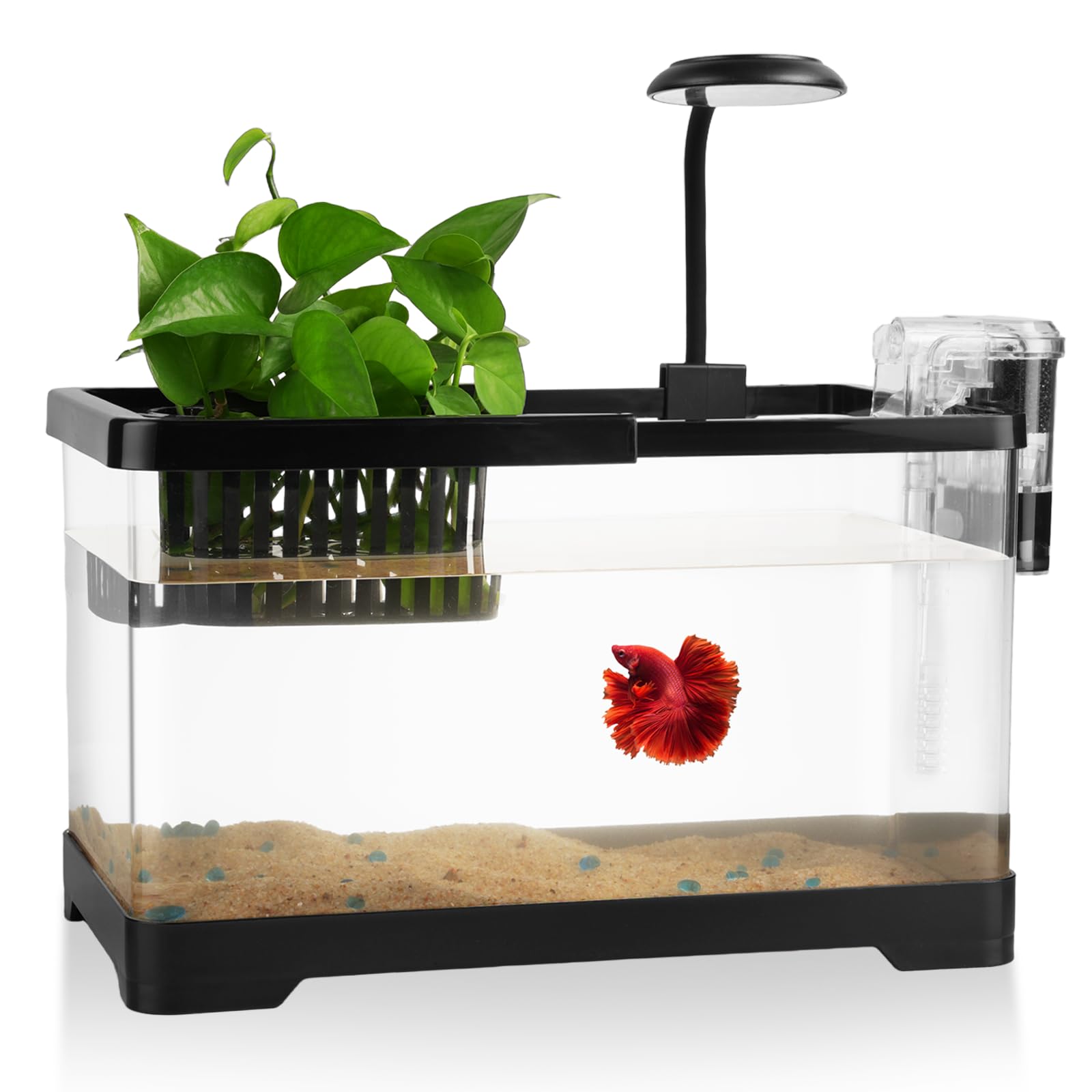 Photo 1 of 1.8 Gallon Beta Fish Tank Aquariums Kits - Clear Small Fish Bowl Starter Kit with LED Light, Water Filter Pump, Hydroponic Basket - Beginner's Gift for Guppy Shrimp Goldfish, Rectangular
