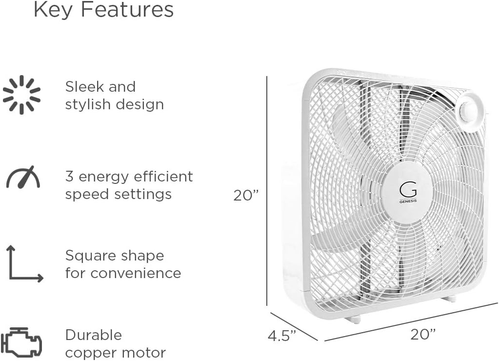 Genesis Box Fan, 3 Settings Max Cooling Technology, Carry Handle, 20 inch, White: Home & Kitchen