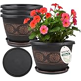 Usocik 4 Pack 12 inch Plant Pots, Retro Pattern Planters with Drainage Holes and Saucer, Sturdy Plastic Garden Flower Pots for Indoor & Outdoor Plants