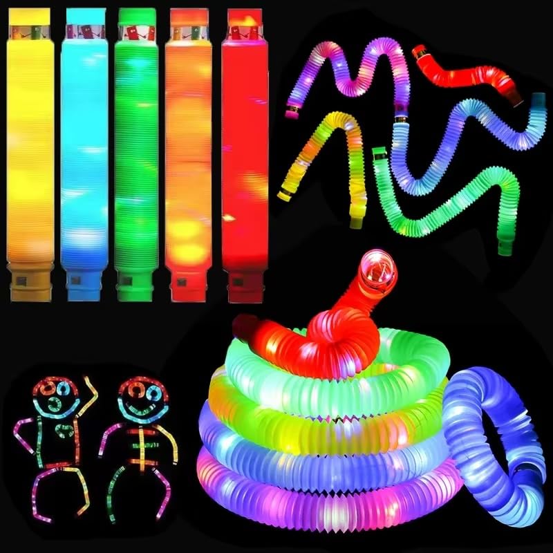 6 Pack Light Up POP Tubes with Premium brightness LEDs - Sensory Fidget Toy for kids and adults! Great as a party favour, gift for children and stocking filler!