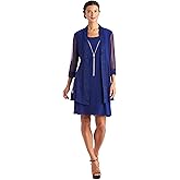 R&M Richards Women's Glitter Jacquard Jacket W/Sheer Insets & Knee-Length Shift Dress W/Necklace - Formal 2-Piece Ensemble