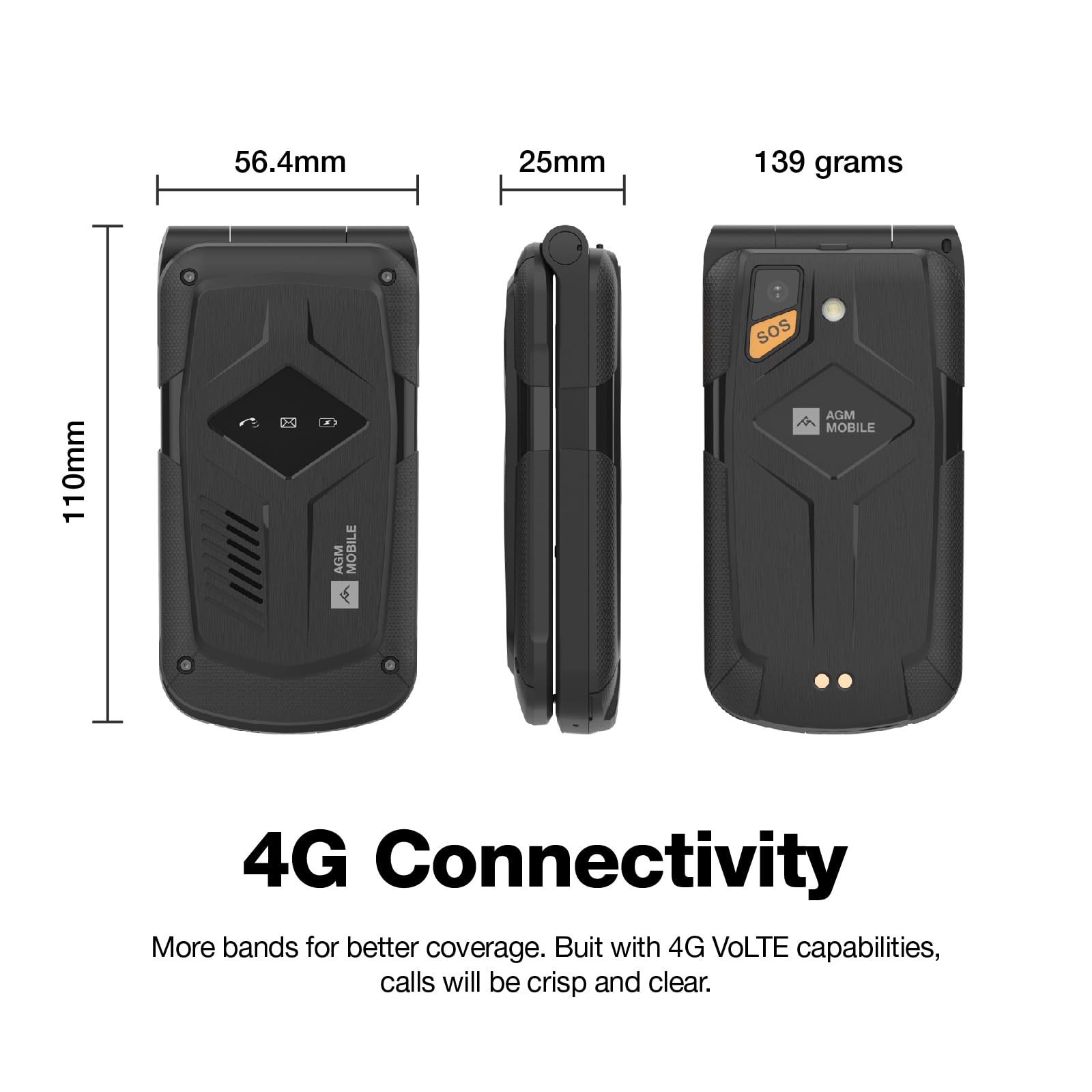 AGM M10 Rugged Basic Flip Phone, 4G Feature Cell Phone, Simple Mobile Phones, Pocket-Sized, Waterproof & Drop-Proof, Speed Dial, Large Fonts & Big Buttons, 98dB Speaker, Dual SIM, for T-Mobile ONLY