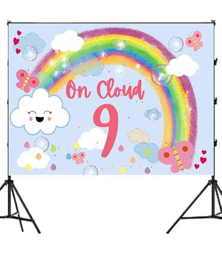 Fotohintergrund „On Cloud 9“ Für 9. Geburtstag – Regenbogen-Wolken Design, 2,1x1,5m Aus Baumwolle
