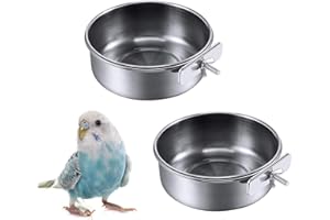 Kathson 2 Pack Bird Feeding Dish Cups, Stainless Steel bird bowls Parrot Feeders Water Cage Bowls with Clamp Holder Bird Feeders for Parakeet Cockatiels Conure Budgies Lovebird Finch and Small Animals