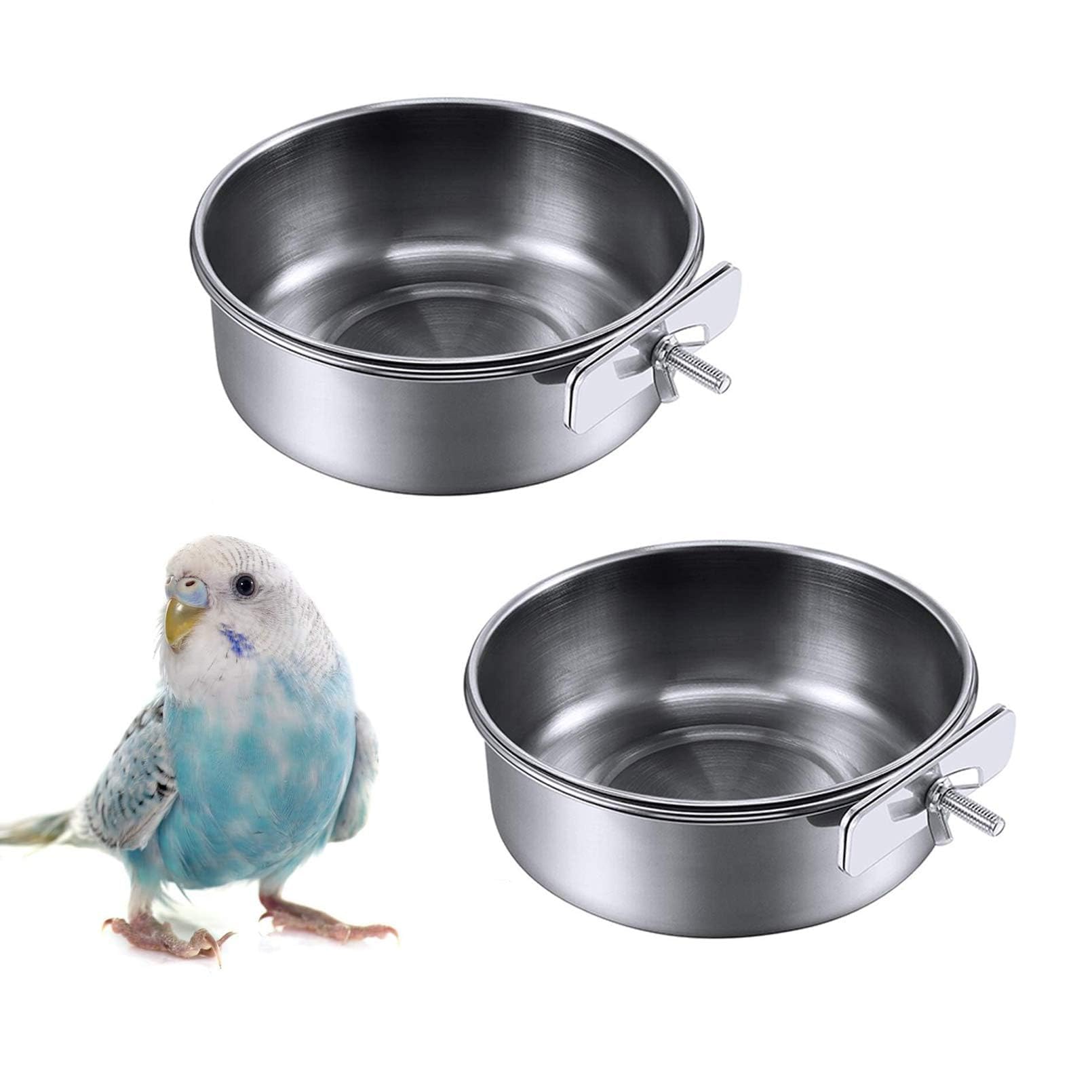 Photo 1 of kathson 2 Pack Bird Feeding Dish Cups, Stainless Steel Parrot Feeders Water Cage Bowls with Clamp Holder Bird Feeders for Parakeet Cockatiels Conure Budgies Lovebird Finch and Small Animals
