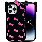 Cute Case for iPhone 15 Pro Max 6.7'', Black Kawaii Funny 3D Bow Cartoon Silicone Cat Phone case, Soft Shockproof Classic Cellular Protective for Women Girls, and Kids (Black, for iPhone 15 Pro Max)