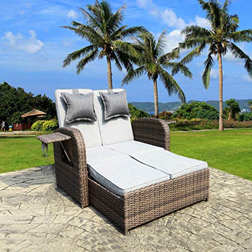 2 PCS Loveseat Outdoor Patio Wicker Rattan Love Seat Sofa Daybed Set Garden Furniture Grey Cushions