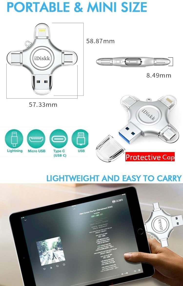MFi Certified iDiskk 128GB Flash Drive for iPhone 17 16 iPad USB 3.0 Lightning Drive 4 in 1 Multi Functional External Storage for iOS and Android Samsung Phones Type c Devices and MacBook Photo Drive
