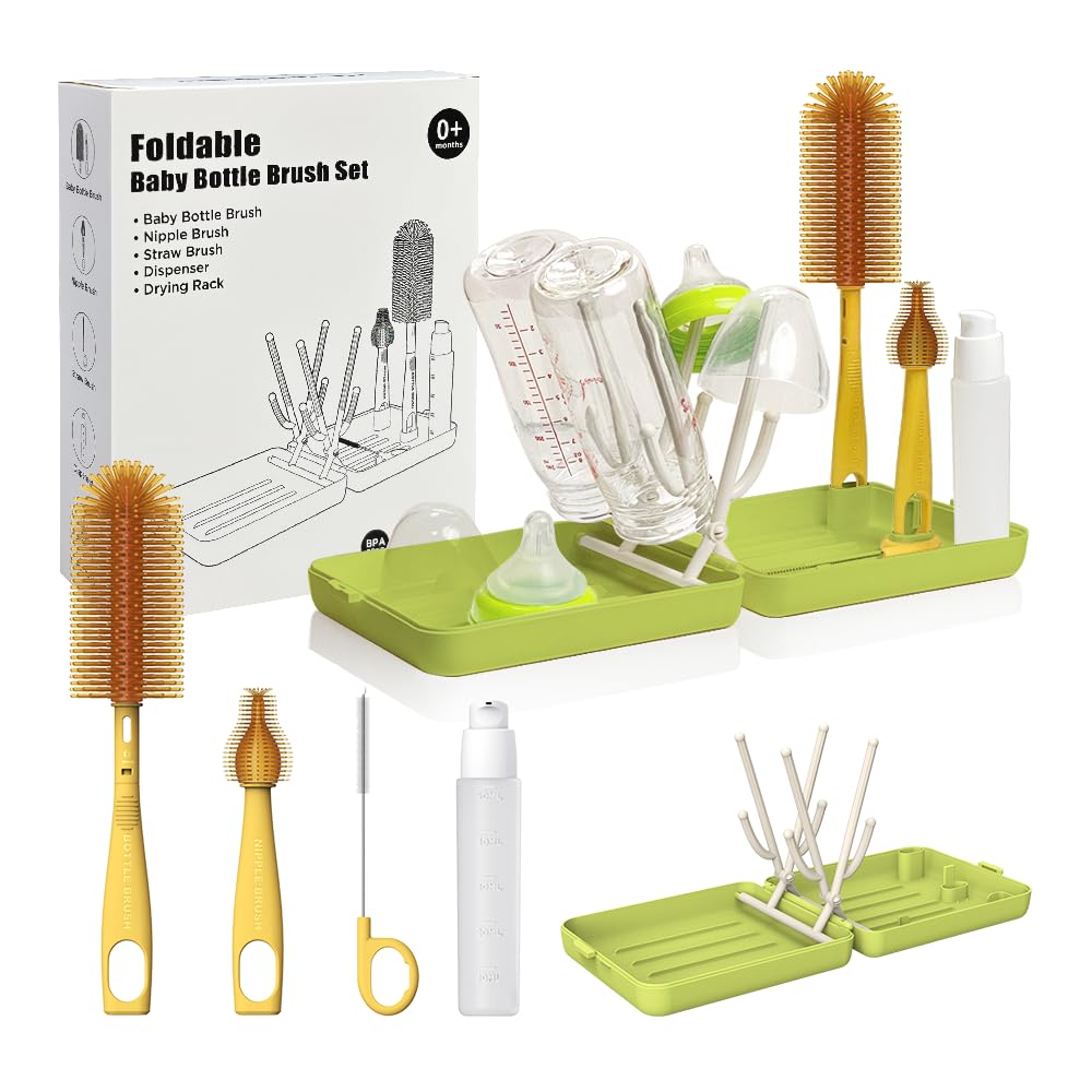 YOTIME Travel Bottle Brush Set, Travel Bottle Cleaner Kit with Foldable Bottle Drying Rack, for Visit Friends and Relations, Baby Travel Essentials, BPA Free - Green