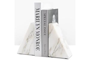 KARIBIBER Marble Book Ends White, Heavy Duty Book Ends for Shelves, Decorative Natural Book Stopper，Unique Decorative Bookend for Home Shelves Calacatta Natural Marble Bookend, Set of 2
