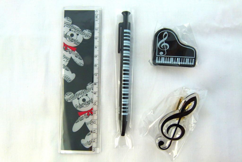 Music Themed Musical Bear Design - mechanical Pencil, Treble Clef Clip, Piano Shape Eraser and 15cm Ruler Stationery Set