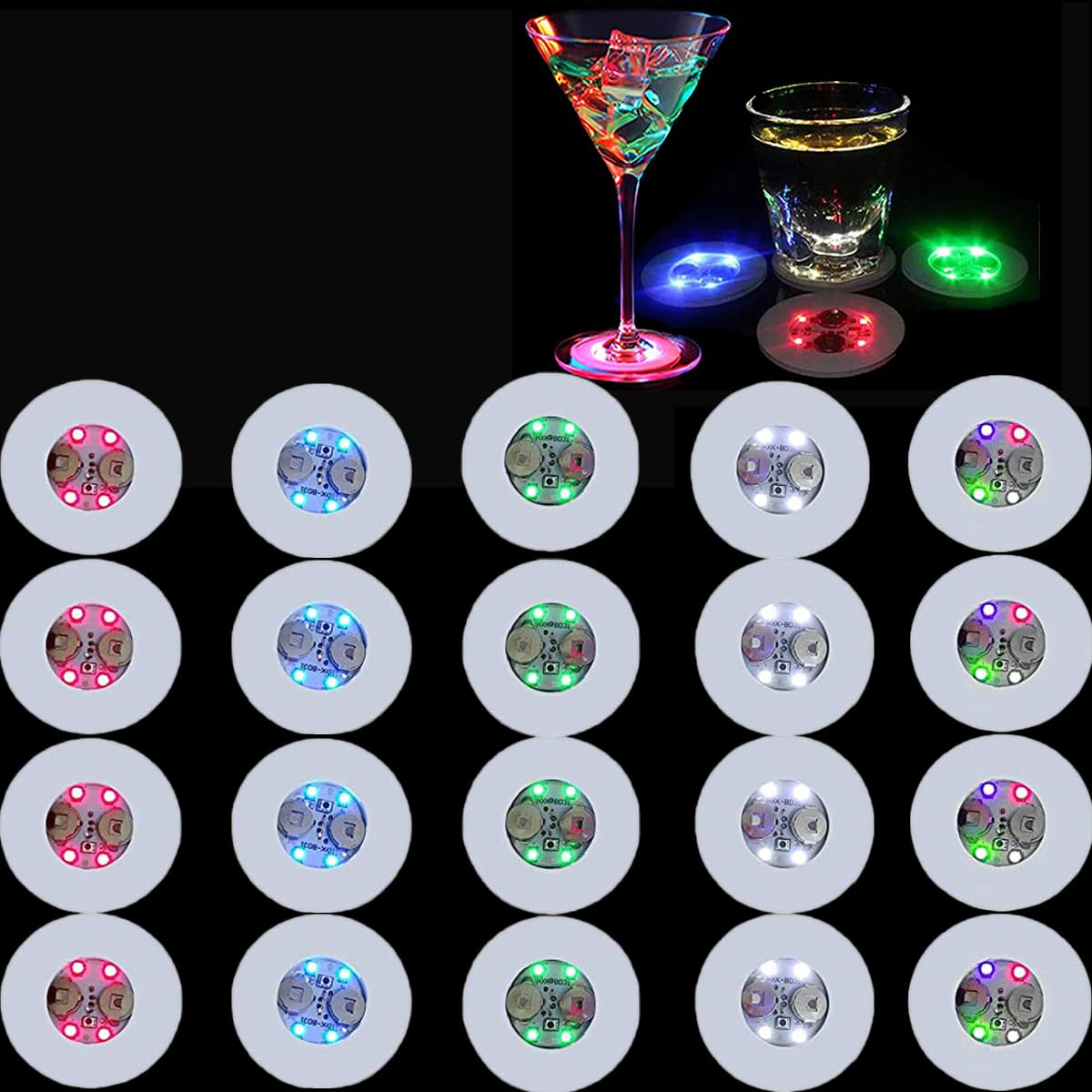 20Pcs LED Coaster Round Flash Cup Mat Sticker Lights for Wine Liquor Bottle, Drinks Party, Bar Party