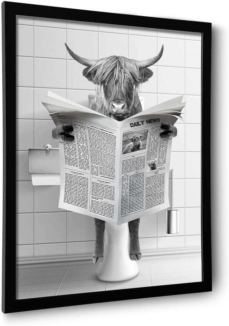 Wall Décor - Framed Highland Cow Wall Art, Bathroom Decor Wall Art, Black and White Wall Art, Funny Bathroom Wall Art Signs, Humor Animals Bathroom Artwork, Cute Canvas Print Ready to Hang (Framed,8''x10'')