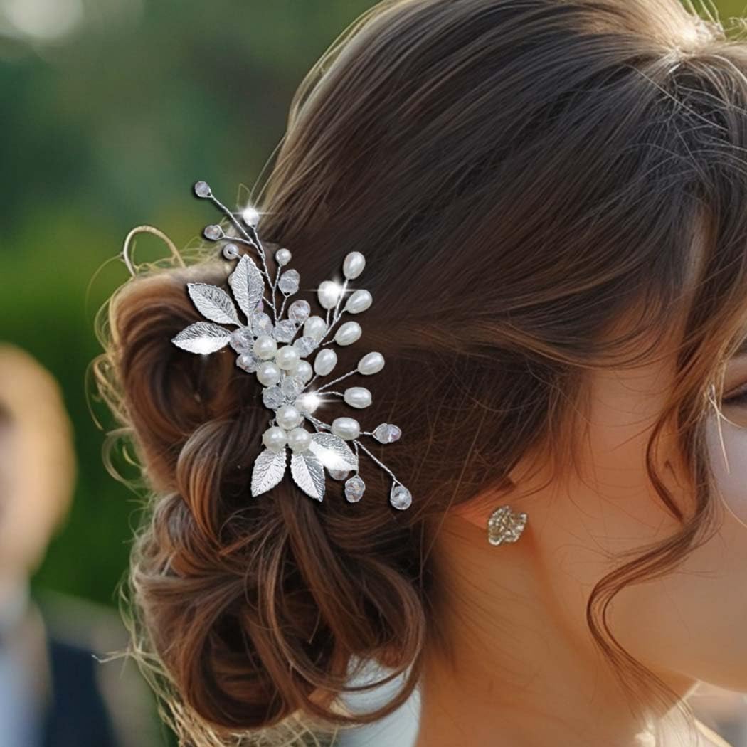 Ushiny Pearl Bride Wedding Hair Comb Silver Leaf Headpiece Rhinestone Hair Side Comb for Women and Girls