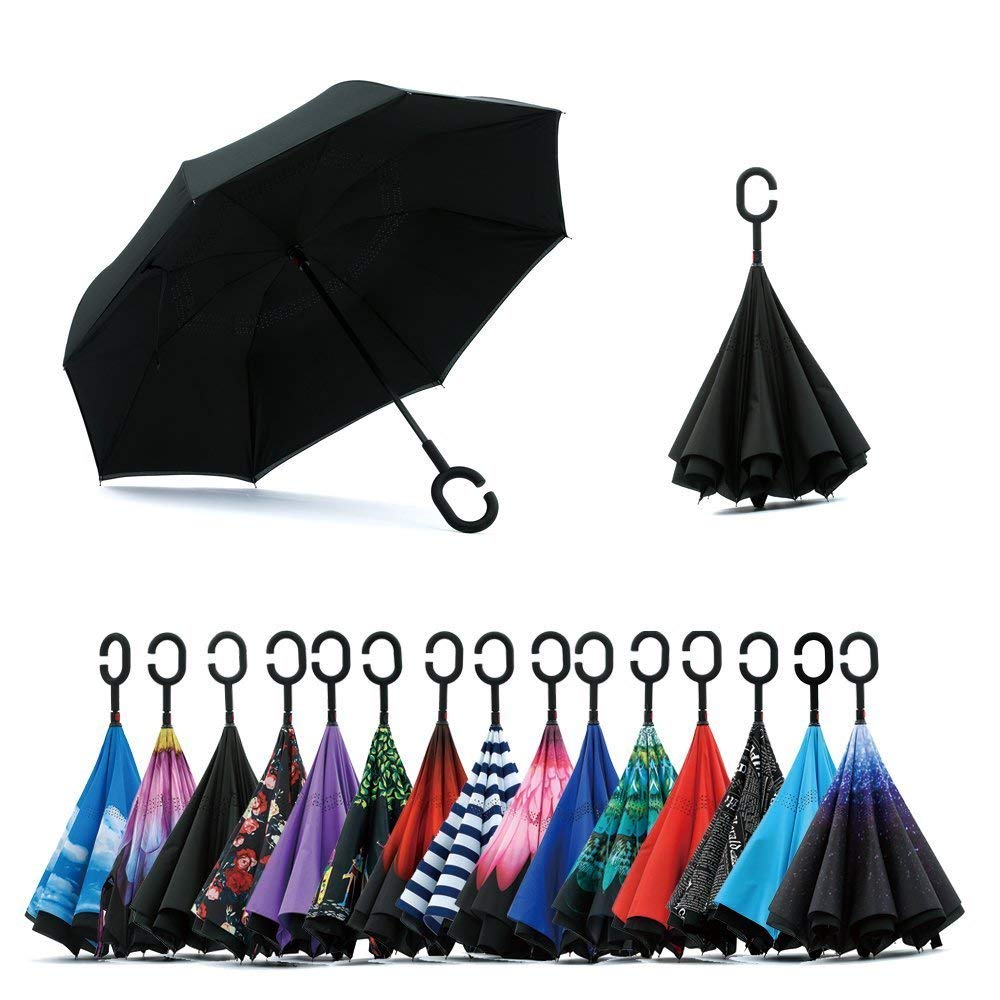NNY Inc Double Layer Inverted Umbrella Cars Reverse Open Folding Umbrellas, Windproof UV Protection Large Self Stand Upside Down Straight Umbrella for Golf Women and Men with C-Shaped (Black)