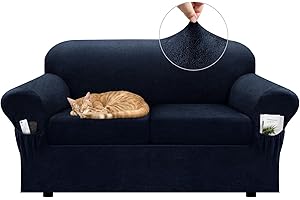 Pfrstuv Loveseat Slipcover with Armrest Pockets 3-Piece Set, Stretch Faux Leather Love Seat Covers for 2-Cushion Couches(Fits 58-66") - Non-Slip, Machine Washable, Pet & Kid Friendly - Navy