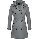 FARVALUE Women's Waterproof Trench Coat Double Breasted Windbreaker Classic Belted Lapel Overcoat with Removable Hood