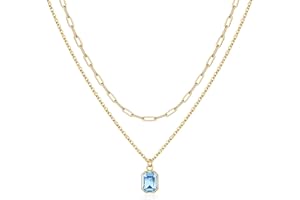 Vrsilver Layered Birthstone Necklace for Women Girls, Gold Silver Rose Gold Plated Layered Paperclip Chain Choker Necklace with Rectangle Birthstone Pendant Birthday Gifts for Women Girls Jewelry