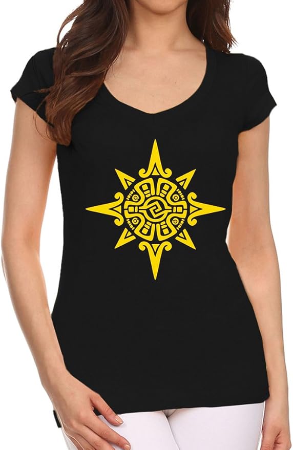 Yellow Ancient Aztec Sun Symbol Tee V383 Junior s Black V Neck T Shirt 