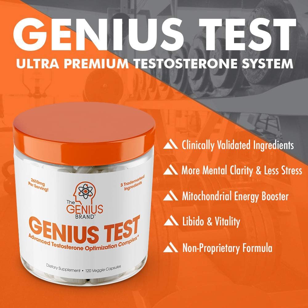 Genius Test - The Smart Testosterone Booster For Men | Natural Energy Supplement, Brain & Libido Support, Fat Loss | Muscle Builder with Ksm-66 Ashwagandha, Shilajit and Tongkat Ali, 120 Veggie Pills: Health & Personal Care