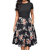 oxiuly Women Casual Dress Round Neck Soft Cotton Floral A-Line Midi Summer Dresses with Pockets OX262