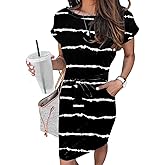 Arolina Womens Summer Short Sleeve Striped T Shirt Dress Casual Midi Dresses Crewneck Tie Waist with Pockets