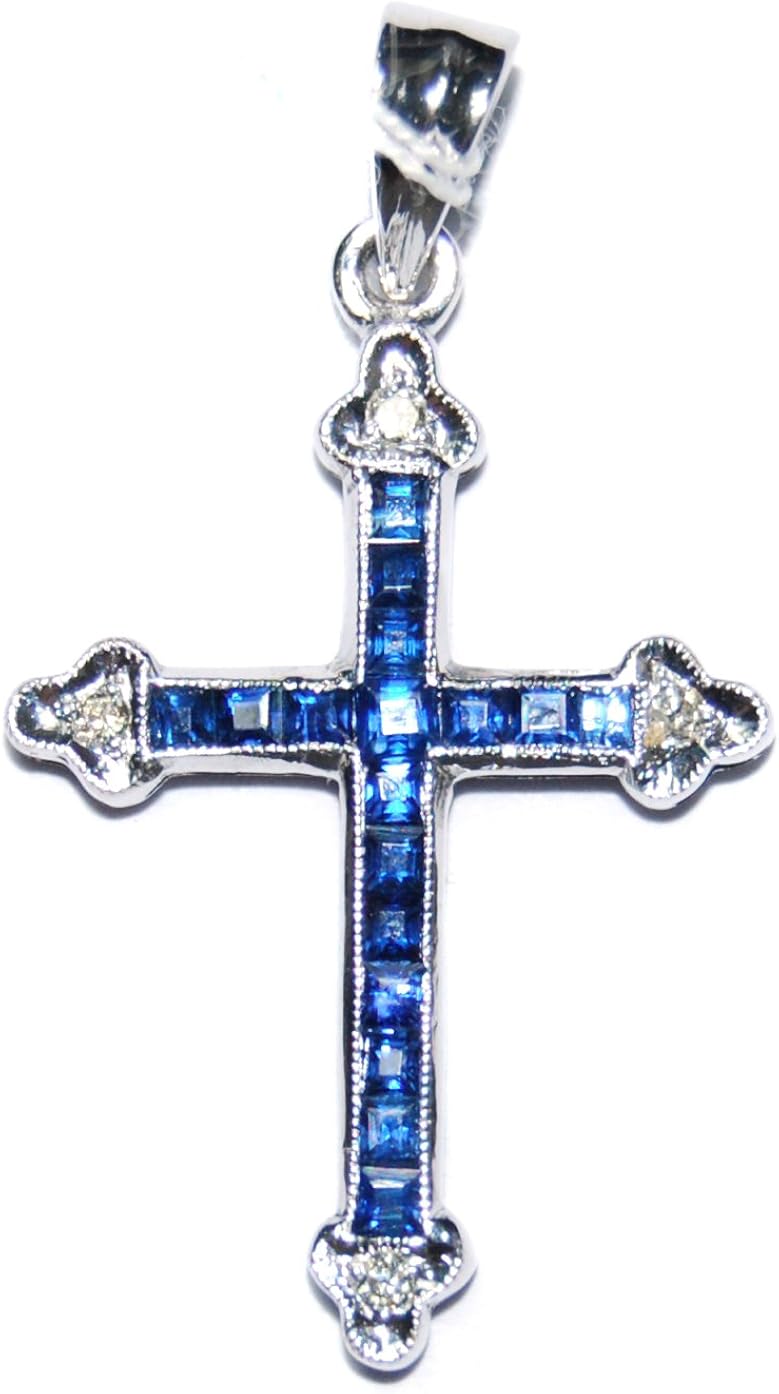 Genuine Diamond Blue Sapphire Cross Pendant 18K White Gold