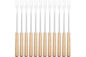 CALLARON 12 Pcs Stainless Steel Fondue Forks, Cheese Fondue Forks with Wooden Handle, Metal Fondue Forks, Grill Forks, Cockta