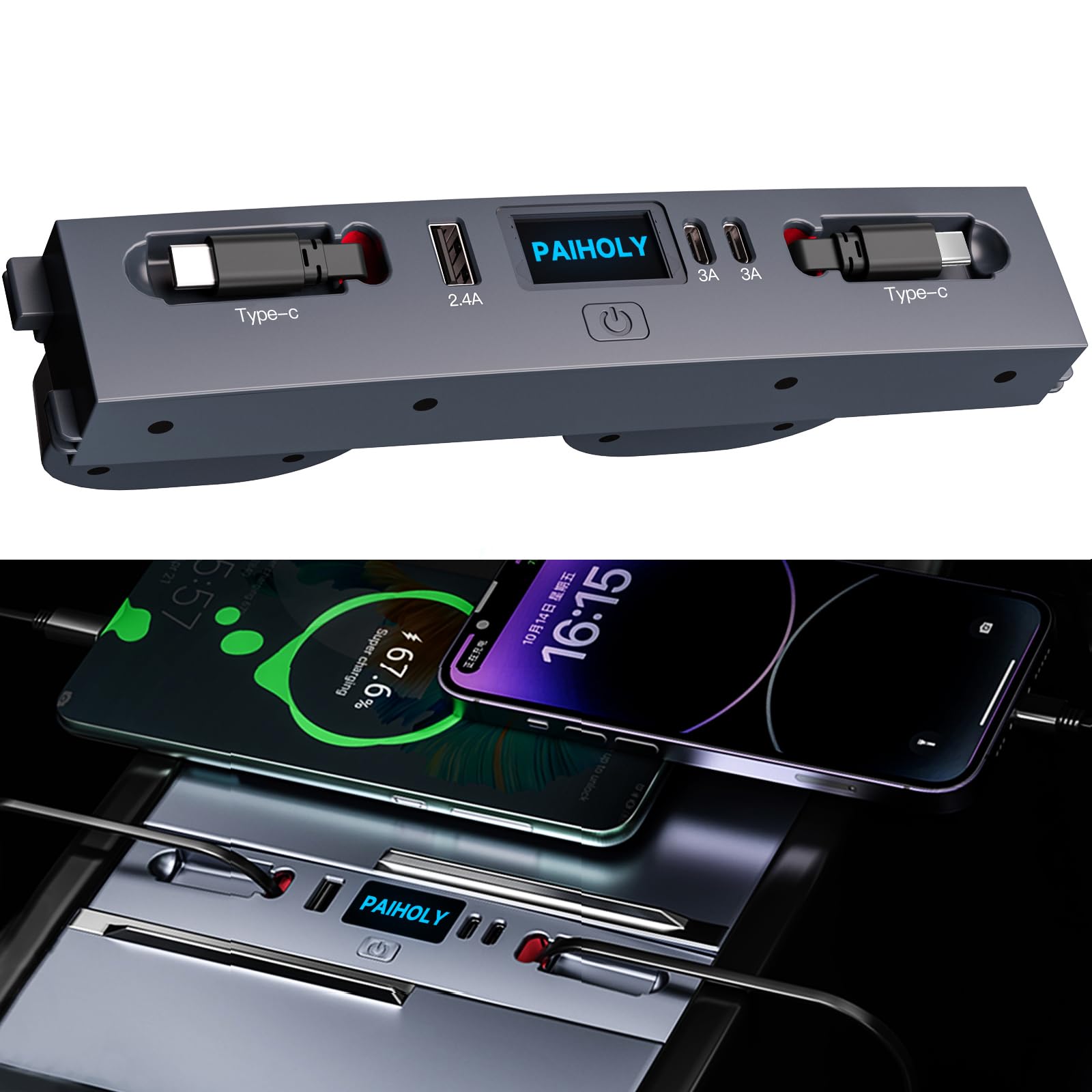 Photo 1 of Car Charger Hub for Tesla Model Y Juniper 2025 2026 /Model 3 Highland 2024 2025, Retractable Cable Fast Car Phone Charger,Center Console Accessories